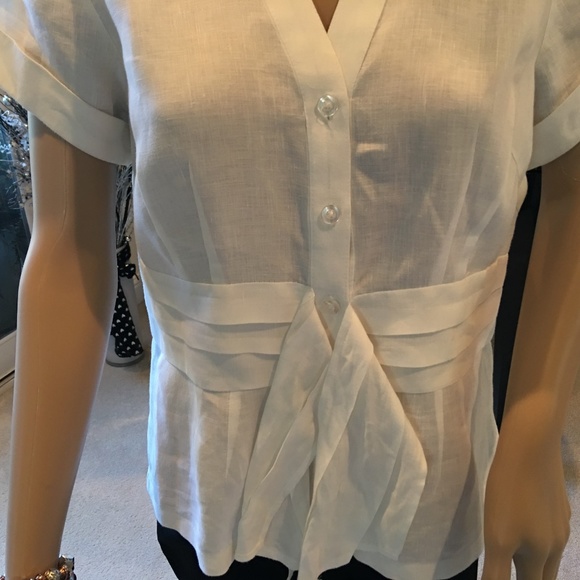 White Linen Tie Waist Short Sleeve Buttoned Blouse - Picture 7 of 7